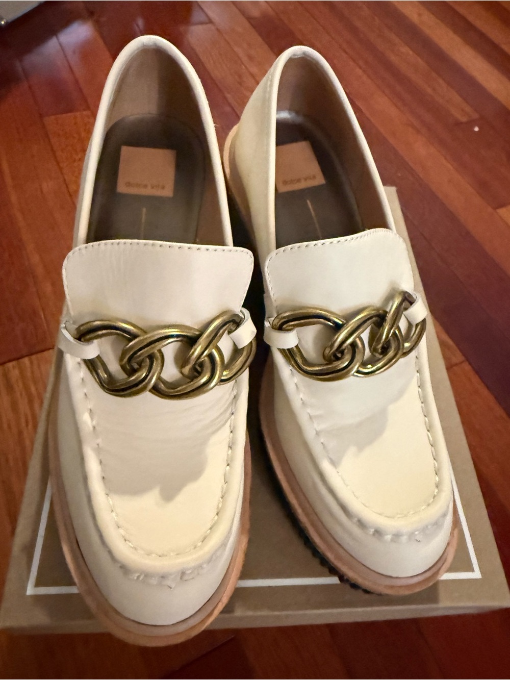Dolce Vita Cream Leather Loafers with Gold Chain Accent